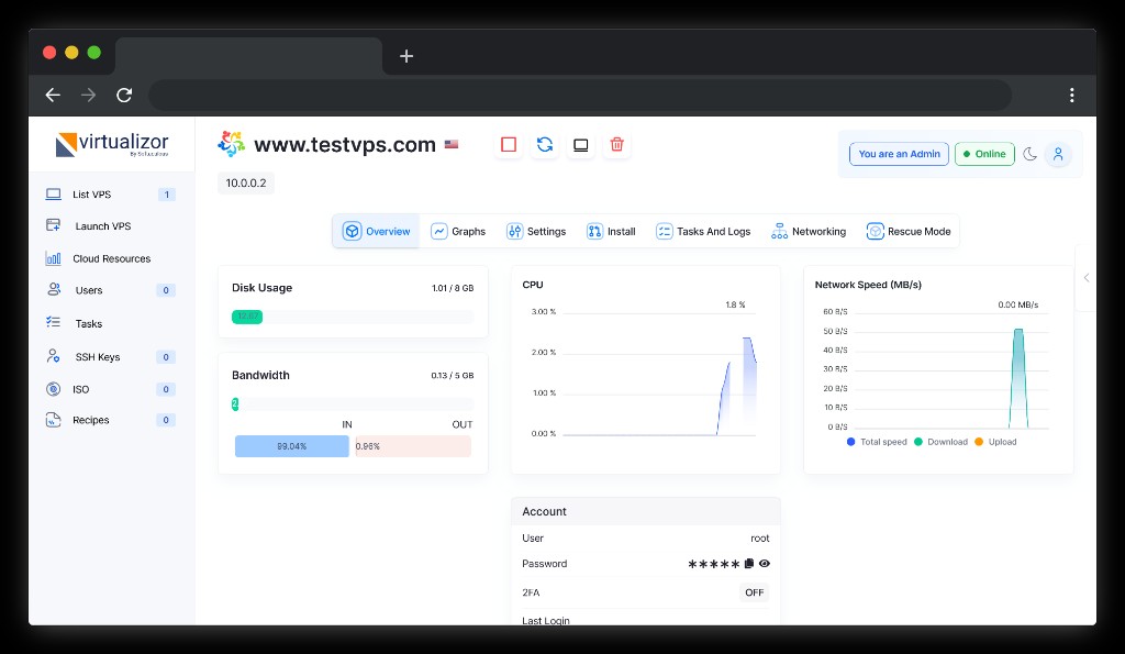 Screenshot: VPS management dashboard shown in a browser window, with usage graphs, disk and bandwidth indicators, and power controls.