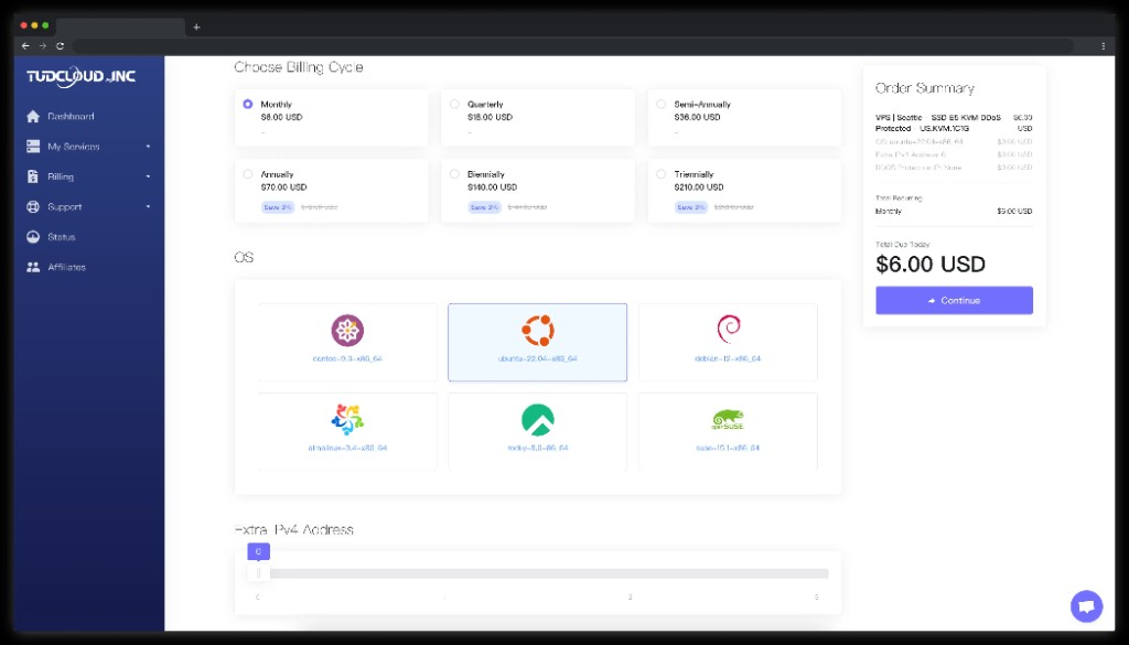 Screenshot: streamlined order page with billing cycle, OS selection, and order summary.